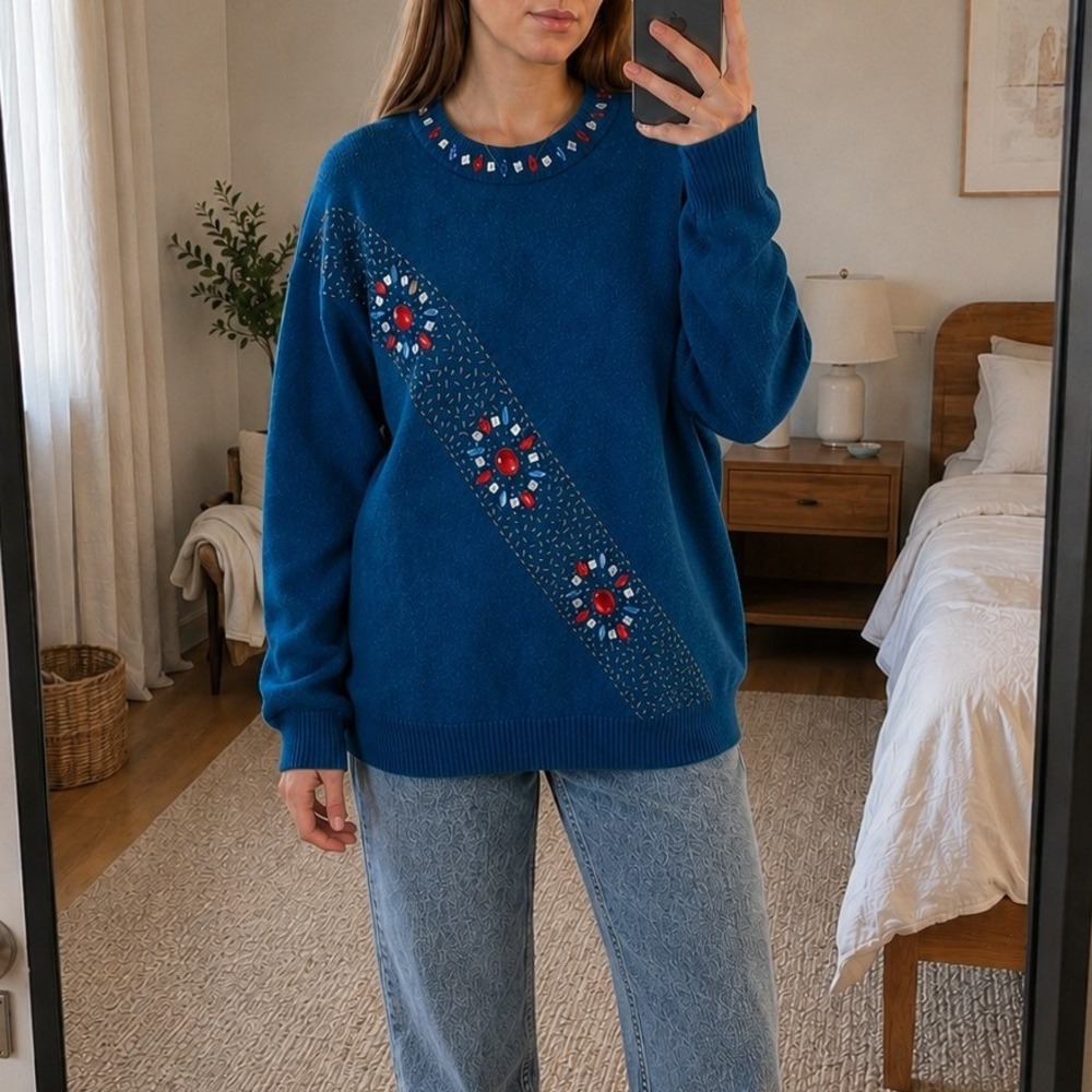 Vintage Rina Z Womens Beaded Sweater Large Blue Wool Angora Blend 80s Retro
